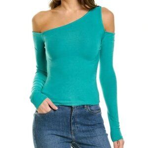 WeWoreWhat Cold Shoulder Long Sleeve Knit Top Rib Rayon Teal Green